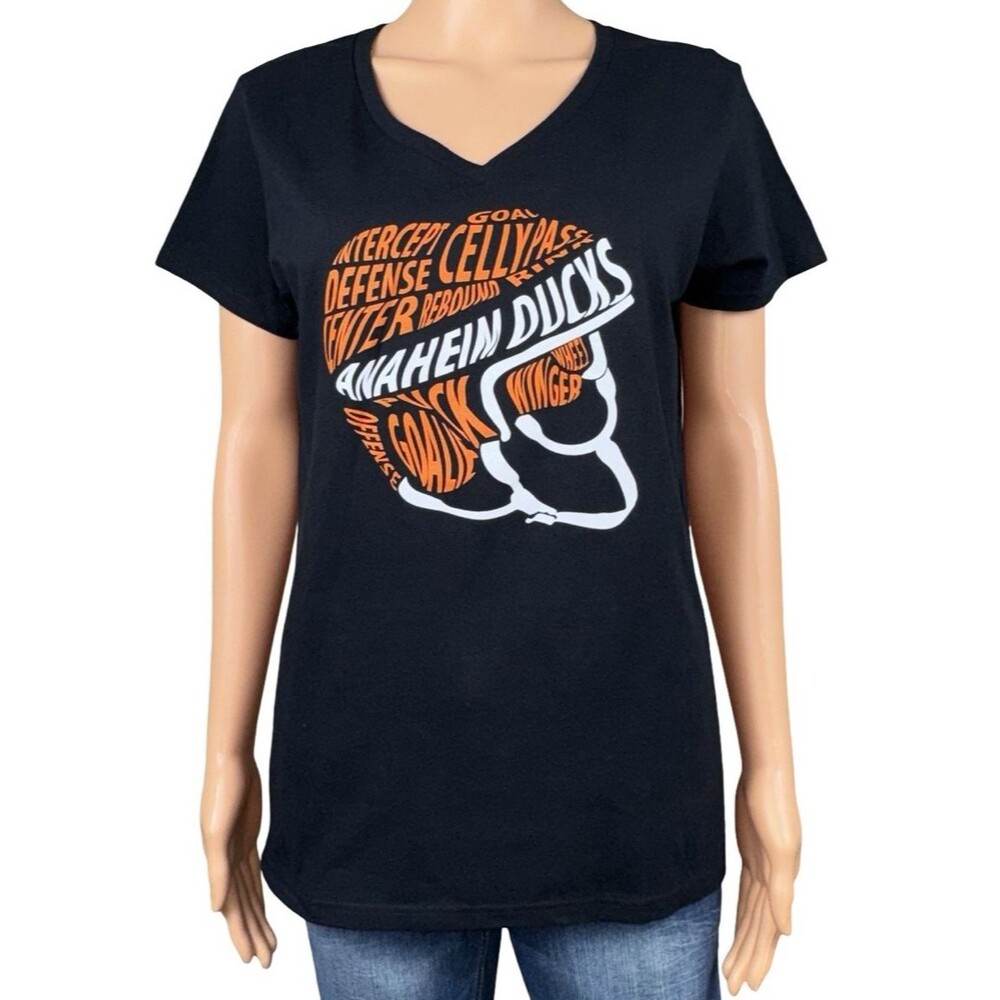 Anaheim Ducks Womens Medium Hockey T-Shirt NHL Helmet Black Orange Gildan New